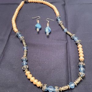 Necklace earring to match hand made pearl color silver cap and blue beads